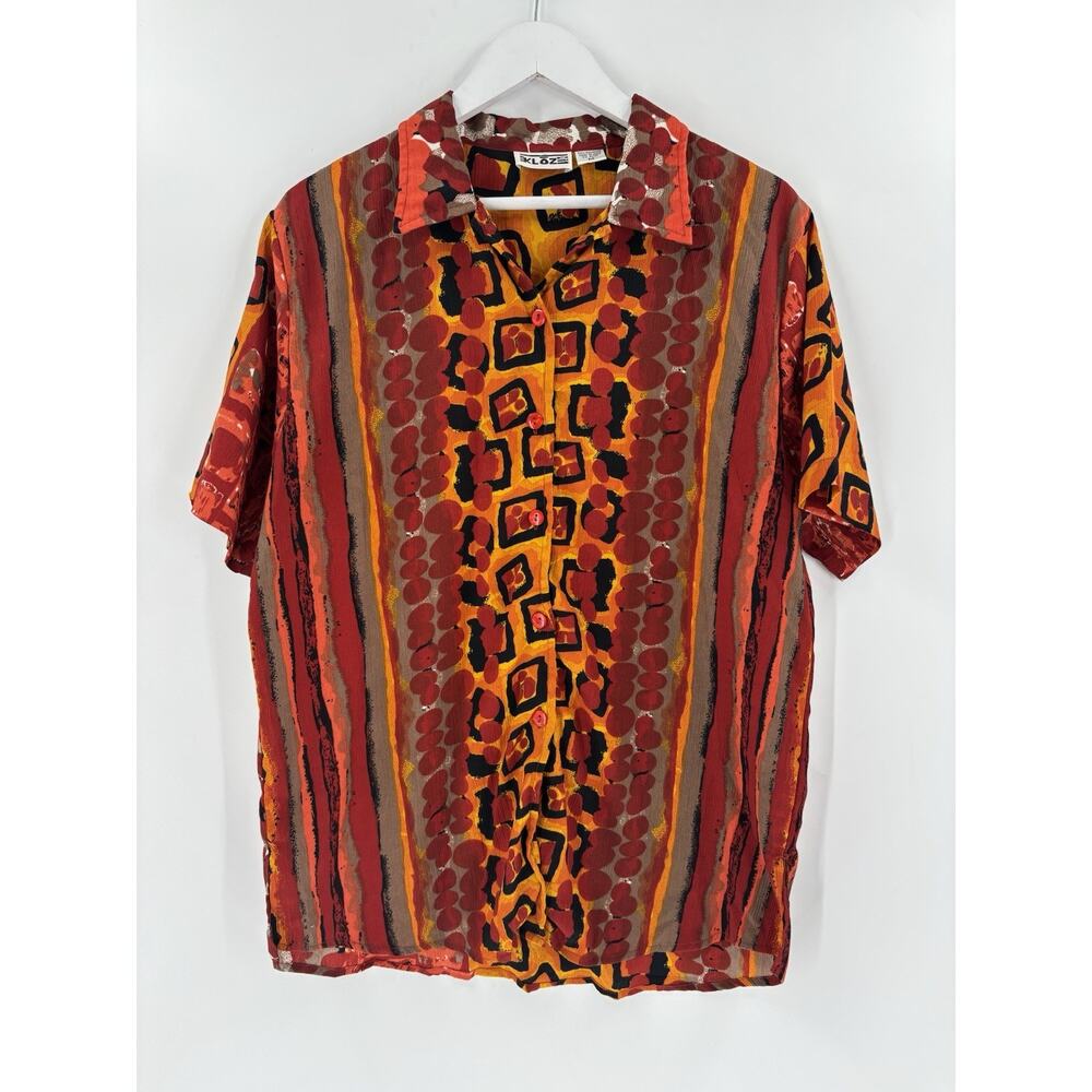 Kloz Vintage Button Down Shirt Mens Medium Orange Red Abstract Striped 80s 90s